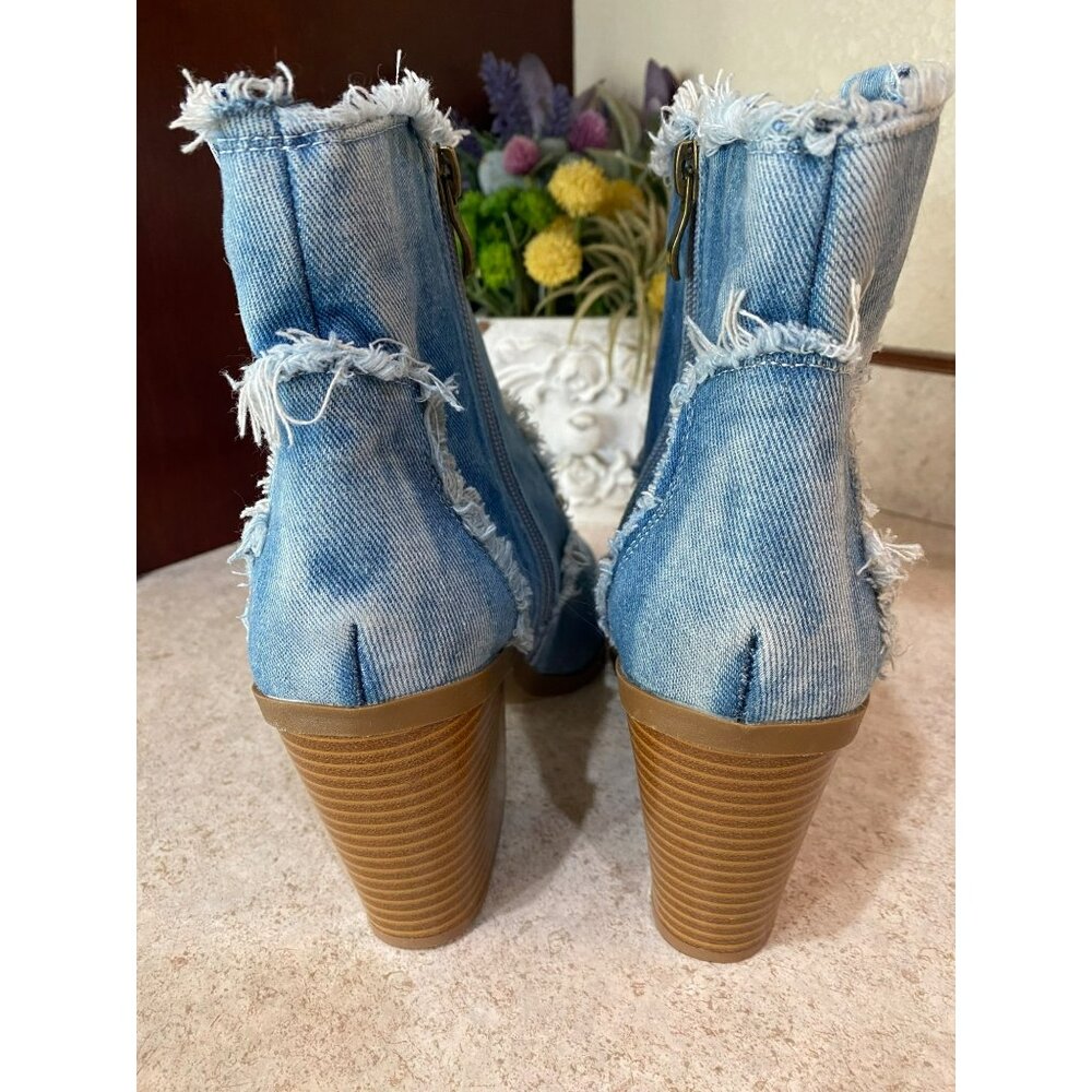 Distressed Denim Ankle Boots With Chunky Heels & Zipper Closure - Picture 8 of 11